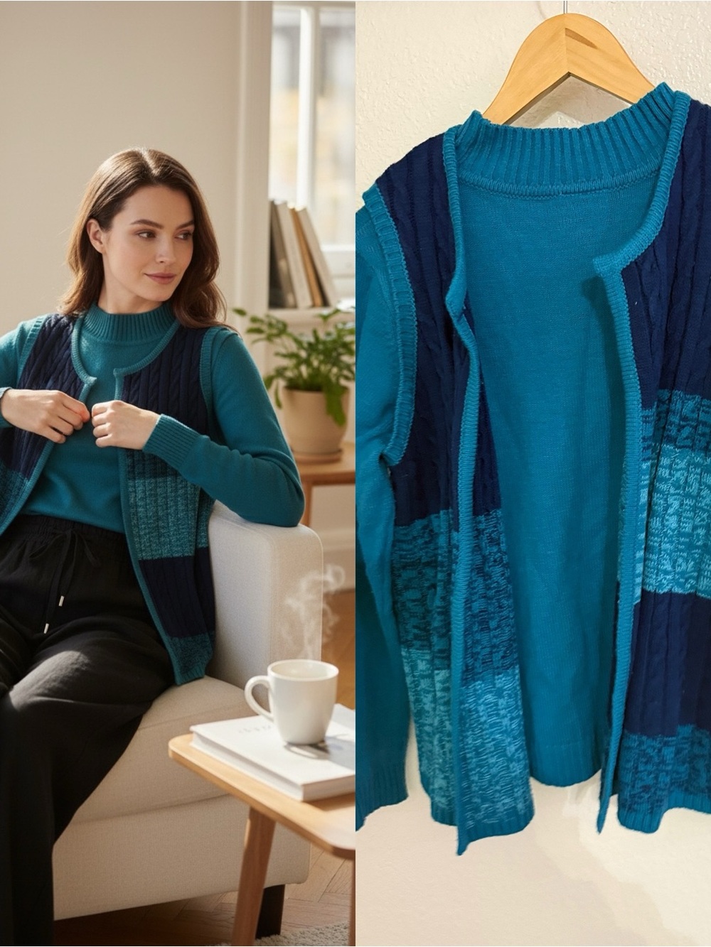 Vintage Bedford Fair 2 Piece Sweater Set Teal Navy Knit Top Vest Size M